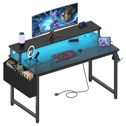 Lufeiya 39.4-Inch Gaming Desk with RGB LED Lights & Power Outlets, Monitor Stand, Black