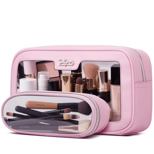 Pink Travel Makeup Bag Set - Waterproof Clear Cosmetic & Brush Organizer