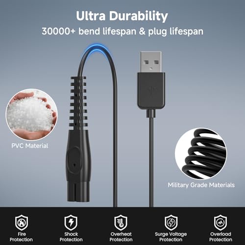 5V USB Charger Cord Compatible with Philips Norelco OneBlade 360 QP2724 QP2834 QP1924 QP4631 QP4530 QP1324 QP6552, Multigroom Series MG5910 MG7910 Electric Shaver Charger Cable [2-Pack, 3.3ft]