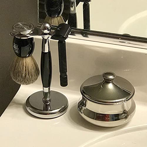 SANWA Deluxe Stainless Steel Shaving Brush & Razor Stand - Extra Wide 31mm Opening, Weighted Base, Black Handle