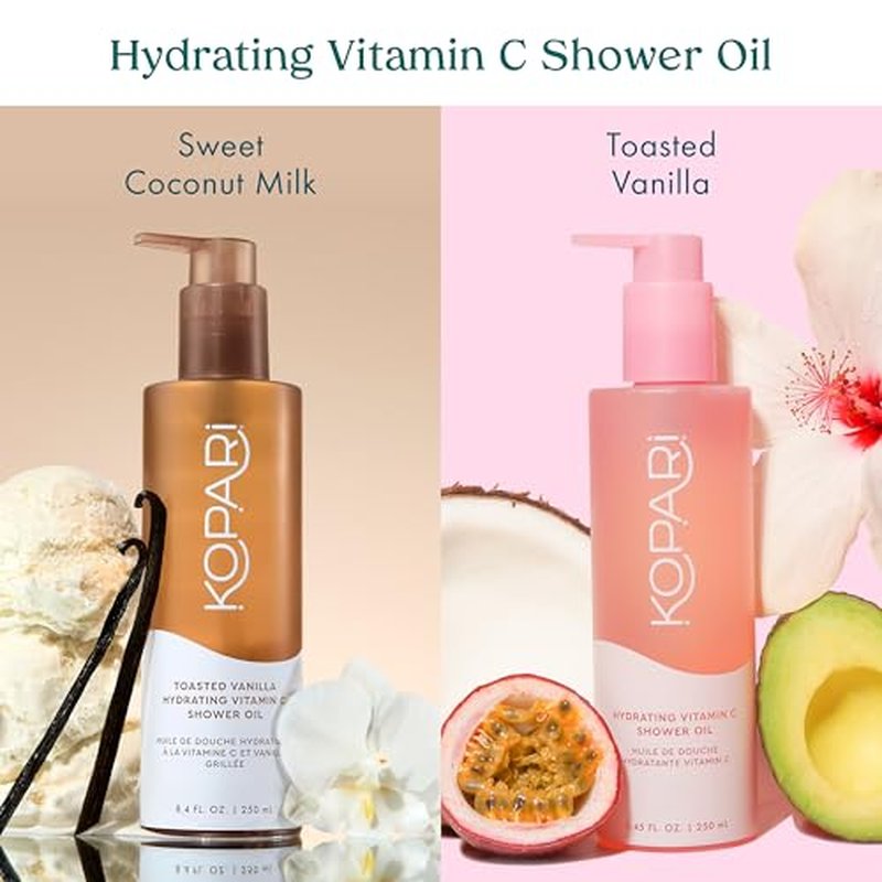 Kopari Toasted Vanilla Hydrating Vitamin C Shower Oil | Luxurious Oil-to-Foam Body Cleanser with Hibiscus, Avocado & Coconut Oils | Cleanses & Brightens Without Stripping