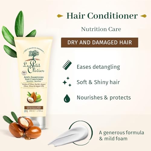 Le Petit Olivier Nutrition Hair Conditioner with Olive, Shea & Argan Oils - Repairs, Detangles & Softens Dry Damaged Hair - 6.76 Oz