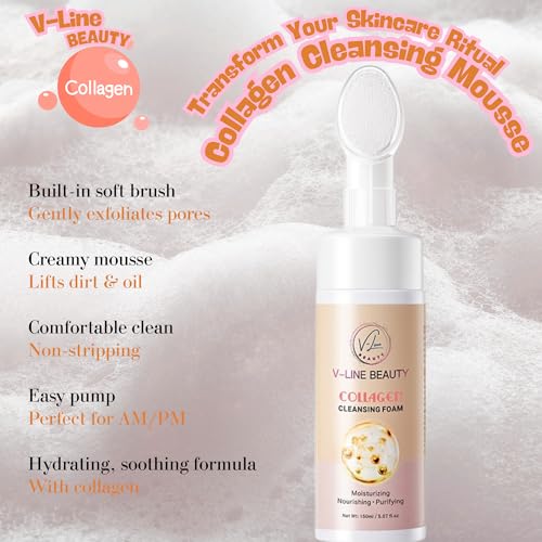 Collagen Cleansing Foam with Built-in Brush ? Moisturizing, Nourishing & Purifying Face Wash with Botanical Extracts for All Skin Types, Light Citrus Scent, 150 ml / 5.07 fl oz