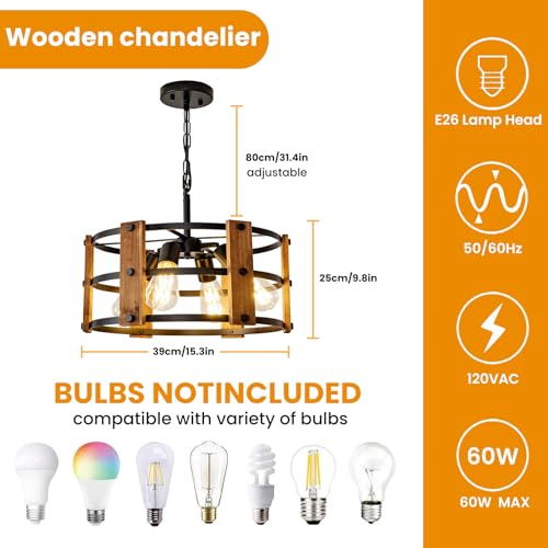 Brown Wood Farmhouse Chandelier - 15-Inch Rustic Wooden Pendant Light Fixture for Dining & Entryway