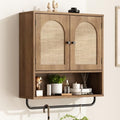 Rustic Oak Wall Cabinet with Rattan Doors - Boho Bathroom Storage, 2 Doors, Natural Oak Finish