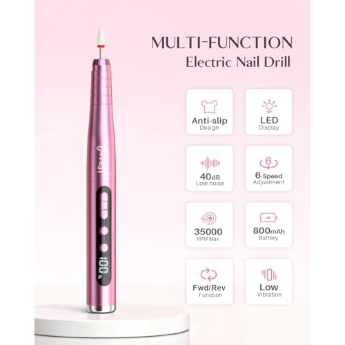 JOREST 13-in-1 Cordless Electric Nail Drill Kit with LED Display, 35,000 RPM 6-Speed Rechargeable Manicure Tool for Acrylic Gel Nails, Nail File with Bits & Sanding Bands for Beginners, Rose Pink