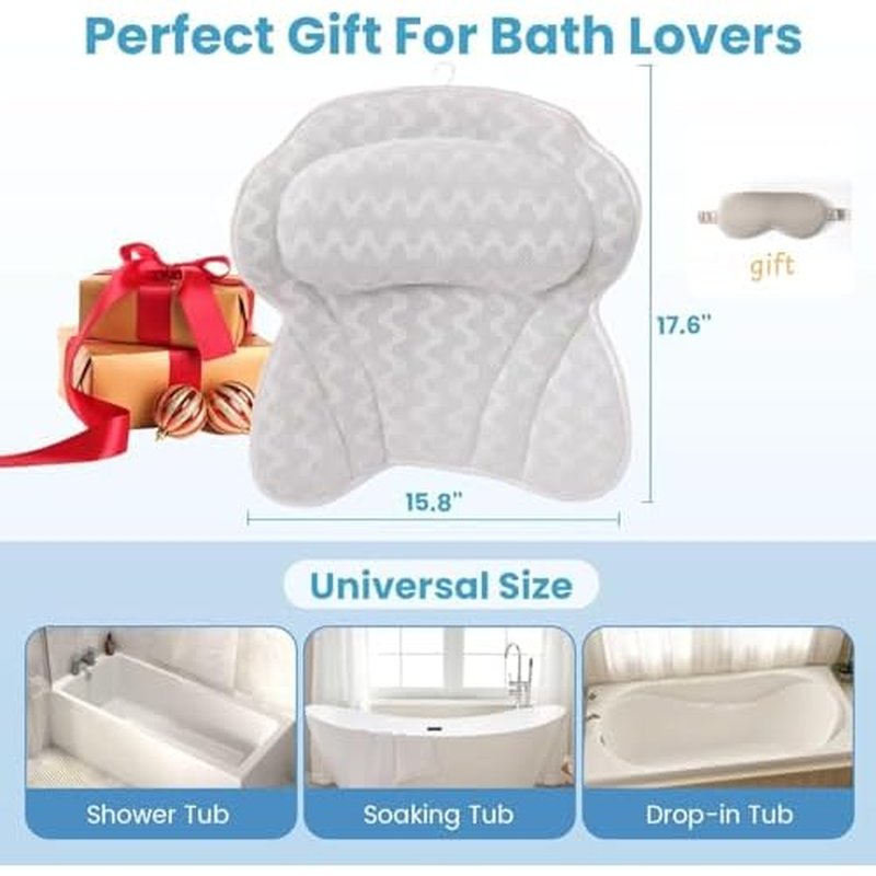Bath Pillow, Luxury Bathtub Pillows for Neck and Back Support,Bath Tub Pillow with Soft 4D Breathable Mesh Fabric and Nonslip Suction Cups,Relaxing Bath Accessories Spa Gifts .(Wave White)