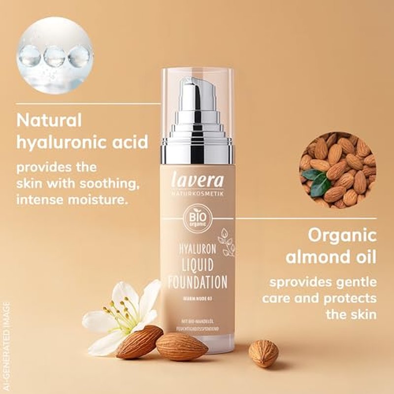 lavera Hyaluron Liquid Foundation - Warm Nude 03 - Foundation Make Up with Hyaluron & Almond Oil for a Flawless Complexion - Face Make Up - PETA Certified - Vegan - Made in Germany - 1 Fl Oz