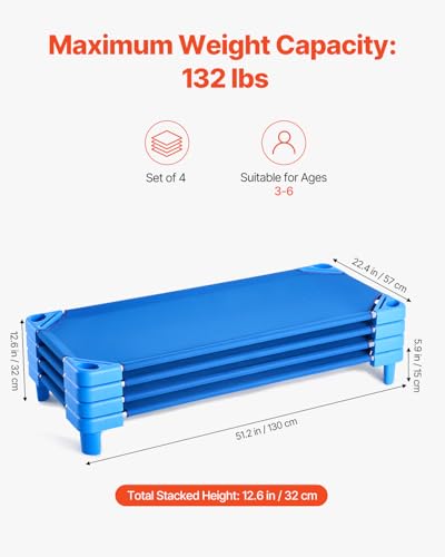 VEVOR 4-Pack Stackable Toddler Nap Cots - Portable Daycare Beds, 52" x 23", Blue