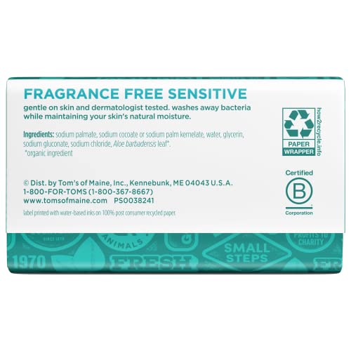 Tom's of Maine Natural Beauty Bar Soap for Sensitive Skin With Aloe Vera, Fragrance-Free, 5oz.