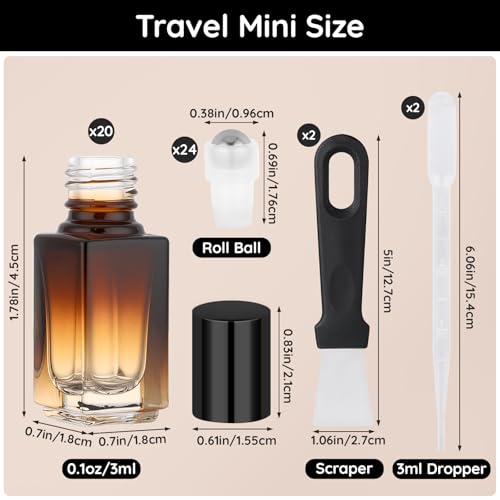 20pcs Travel Refillable Amber Glass Roller Bottles for Essential Oils - 3ml
