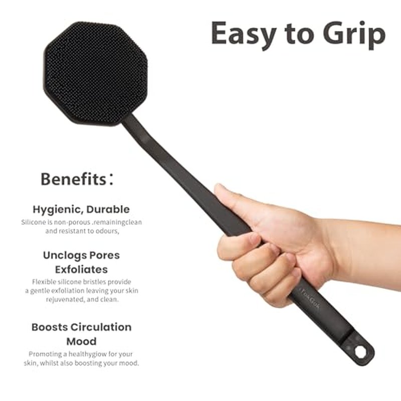 iTokGoK¢ç Premium Silver-Infused Silicone Back Scrubber with Long Handle Back Brush for Shower,Back Brush Long Handle for Men and Women,Ergonomic No-Slip Handle, Long-Lasting (Black)
