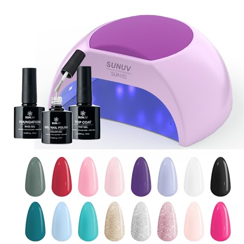 SUNUV SUN2C Purple 48W LED UV Light Nails Lamp, UV Lamp for Gel Nails with 4 Timer Settings,Hema-Free Gel Nail Polish Kit, 16 Colors Gel Polish Set