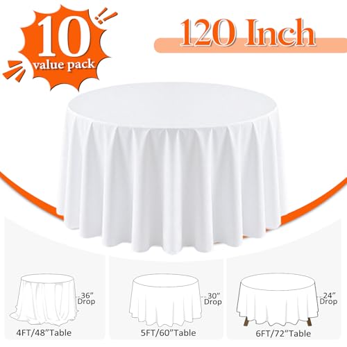 White Round Tablecloth 120 Inch 10 Pack for 48-96 Inch Tables – Durable & Reusable