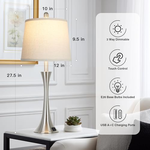 Silver 27.5-Inch Set of 2 Touch Dimmable Bedside Table Lamps with USB-C Ports