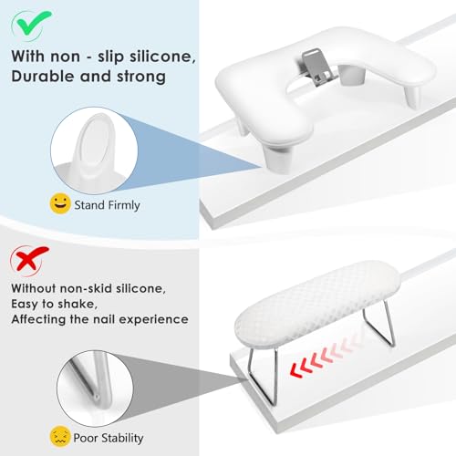 LIONVISON Arm Rest for Nails Tech: U Shaped Ergonomic Nail Hand Rest Stand PU Leather with Rotating Phone Holder for Nail Salon Manicurist (White)