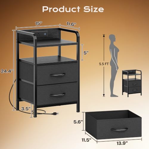 Huuger Black Nightstands Set of 2 with LED Lights and Charging Station
