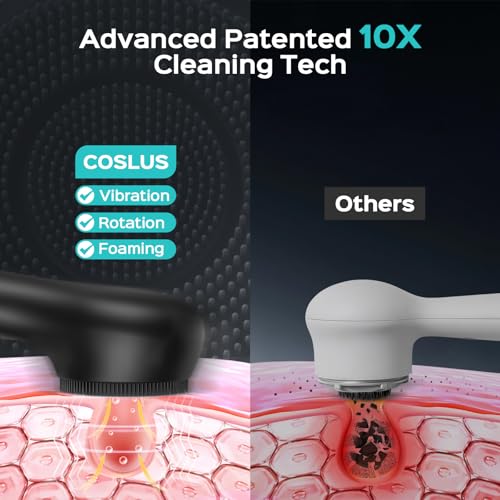 COSLUS FBS03 Face Scrubber Facial Cleansing Brush: 2 in 1 Spin and Vibration Patented, Silicone Electric Exfoliator Scrubber with Automatic Foaming, Waterproof Face Cleanser Brush for Men and Women