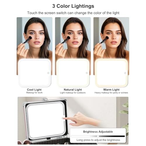 Relavel Makeup Bag with LED Mirror, Cute Makeup Box Travel Train Case with Rechargeable Lighted Mirror, Cosmetic Brush Organizer Storage for Makeup Artists Gifts for Women and Girls, Pink