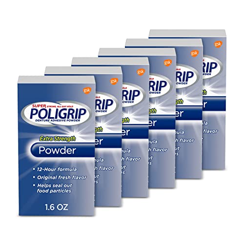 Super Poligrip Denture Adhesive Powder 1.6oz Pack of 6 - Extra Strength, Zinc-Free, Long-Lasting Hold, Original Fresh Flavor - Variation of New / 1.6 Ounce