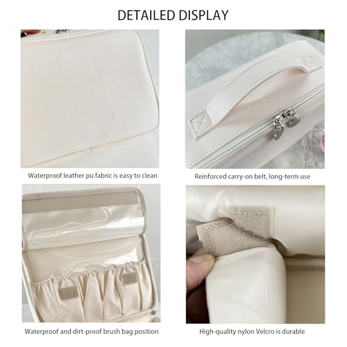 MKPCW Multifunctional Travel Makeup Bag Cosmetic Organizer with Removable Dividers, Brush Holder & Luggage Strap ? Waterproof Large Capacity Toiletry Pouch for Women, Gym, Daily Use (White)