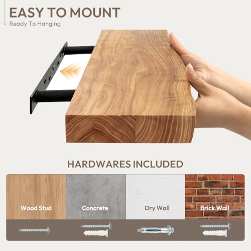 Natural Live Edge Wood Floating Shelves 36 Inch Wall Mounted 2 Pack