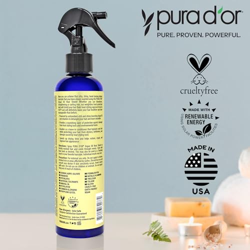 PURA D'OR Argan Oil Heat Protectant Spray 8 Oz Pack of 2 - Thermal Heat Shield for Hair Up to 450°F, Leave-In Shine & Damage Repair