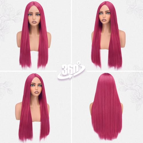 28 Inch Hot Neon Pink Synthetic Wig for Women - Long Straight Costume & Party Hair, Breathable Cap