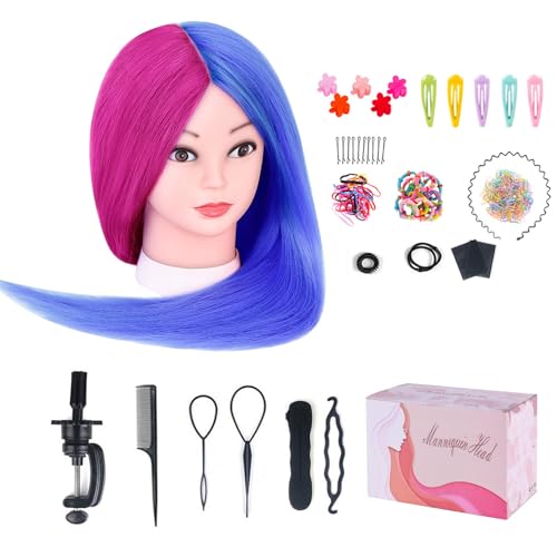Mannequin Head with 60% Real Human Hair - Cosmetology Practice Head with Table Stand - Rosy and Blue Variation