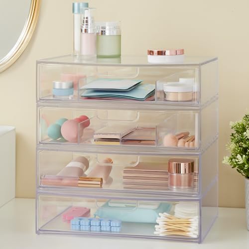 Stackable Plastic Drawer Organizer Set - Clear, 12.5 Inch with Open & Divided Drawers, Multipurpose Office & Home Storage - Variation: Clear Open Divided 2pk