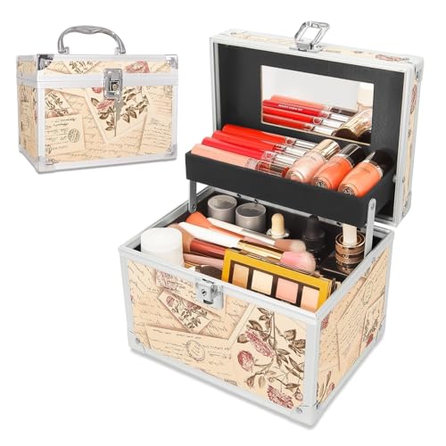 Vintage Stamp Makeup Train Case with Mirror - Lockable Portable Cosmetic Organizer