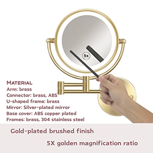 RECKODOR Brushed Gold Wall Mounted Lighted Makeup Mirror 5x Magnification