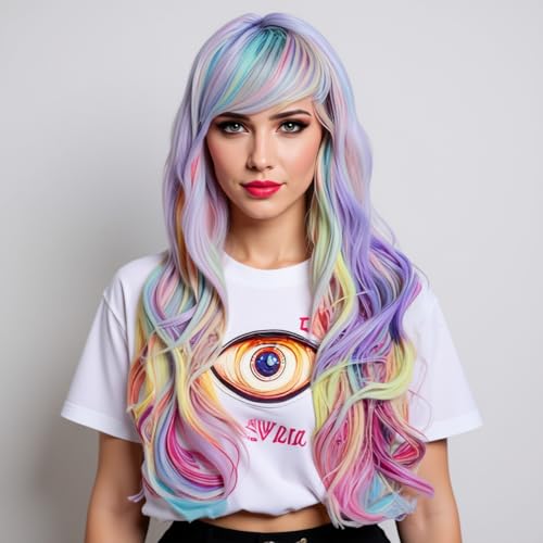 Rainbow Colorful Wavy Wig for Women 26 Inch Synthetic Cosplay & Party Hair