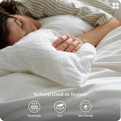 Bedsure Queen Size Linen-Inspired Cotton Duvet Cover Set, 3-Piece, Natural White