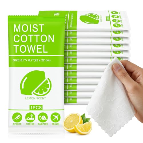 Body Wash Towelettes Scented Lemon Moist Cotton Towel Moist Towelettes Travel Size Individually Wrapped Bulk for Hiking Gym Camping Outdoor Sports (100 Pack)
