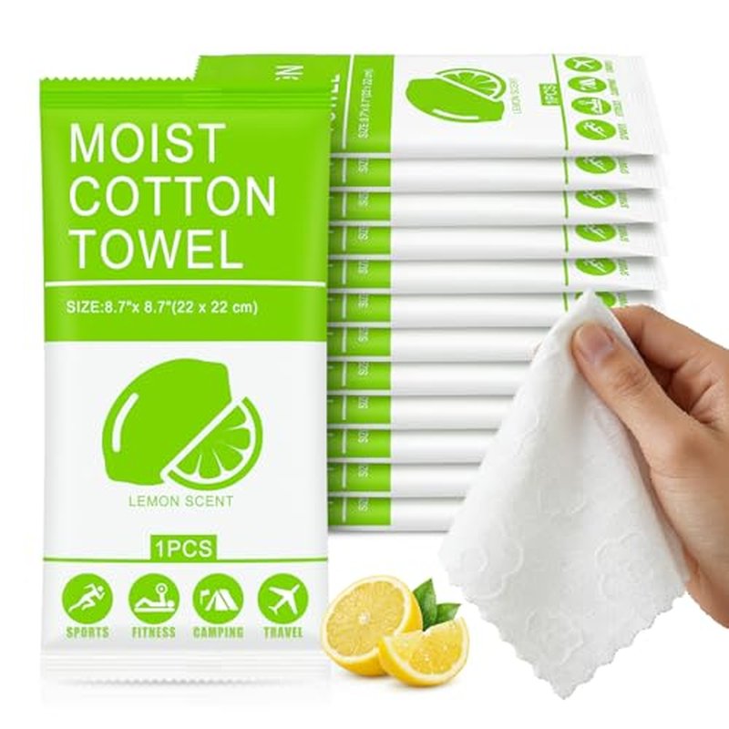 Body Wash Towelettes Scented Lemon Moist Cotton Towel Moist Towelettes Travel Size Individually Wrapped Bulk for Hiking Gym Camping Outdoor Sports (50 Pack)