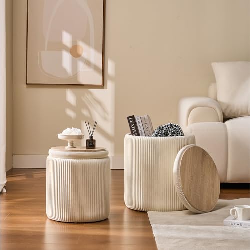 Cream Velvet Storage Ottoman Set of 2, Round Footstools with Hidden Storage
