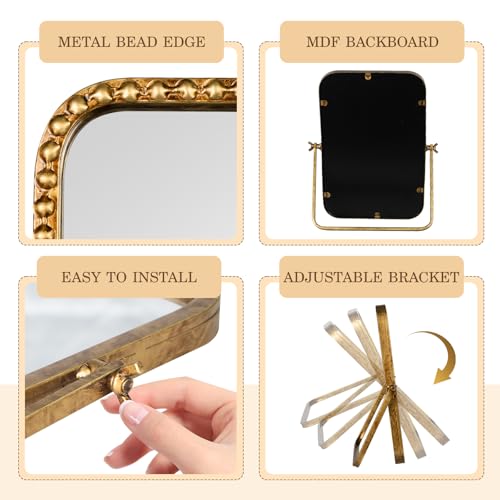 Small Vintage Rectangular Desk Mirror with Beaded Frame - Antique Gold, 12 x 7.9 inches