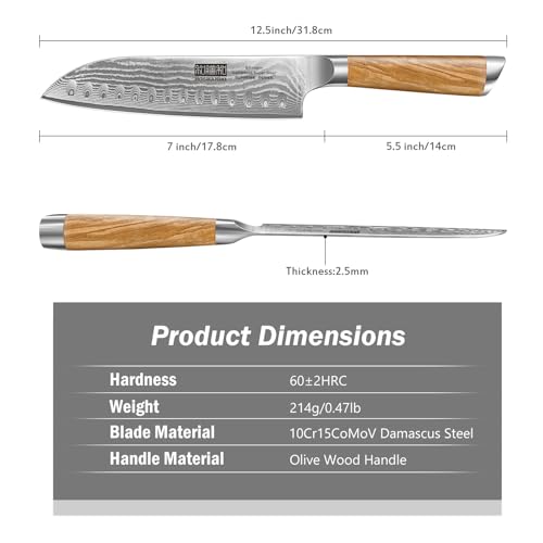 7.1 Inch Damascus Santoku Knife with Ergonomic Olive Wood Handle - Sharp Chef Knife