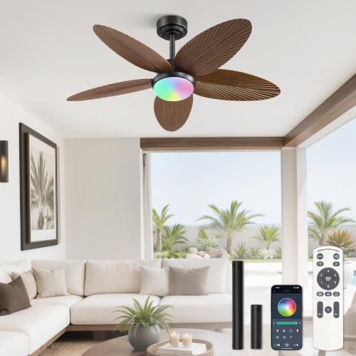 Brown 42 Inch Outdoor Tropical Leaf Ceiling Fan with RGB Light & Remote