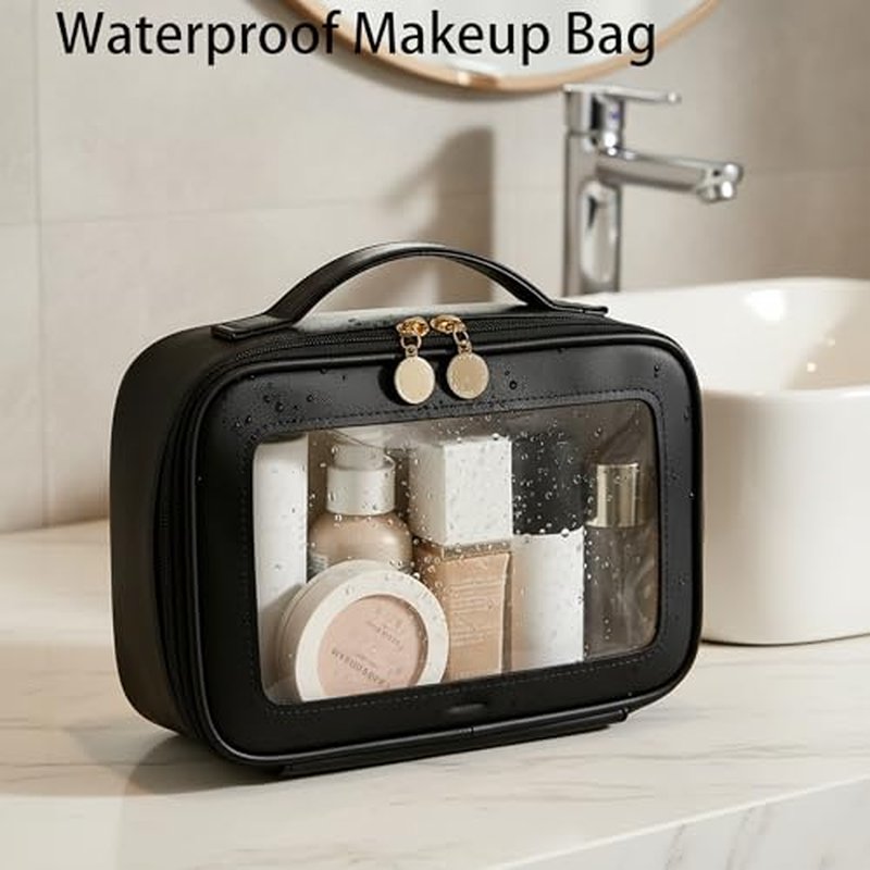 2 Complete Sets of 3-Size Makeup Bags | Premium Transparent & Waterproof Cosmetic Organizer Storage Bag | Travel Toiletry & Skincare Storage Set (Black, L+M+S+MakeupBrushes)