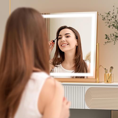 Vanity Mirror with Lights, 24'' x 20'' Lighted Makeup Mirror, Touch Screen with 3-Color Lighting, Dimmable for Vanity Desk Tabletop Square Gold