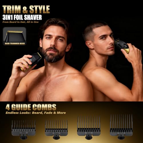 DSP 3-in-1 Cordless Foil Shaver for Men - Gold, 3-Speed Bald Head Trimmer