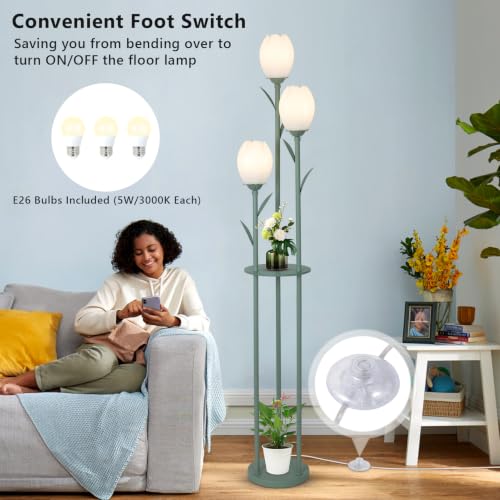Green 3-Light Flower Floor Lamp with Shelves - Tulip Standing Lamp for Living Room & Bedroom