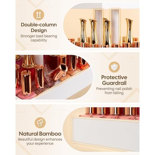 Homde Nail Polish Display Stand and Storage: 360 Degree Rotating Bamboo Rack Organizer, 4 Tier Makeup Holder for Fast Access on Countertop or Vanity for Girls & Women,White