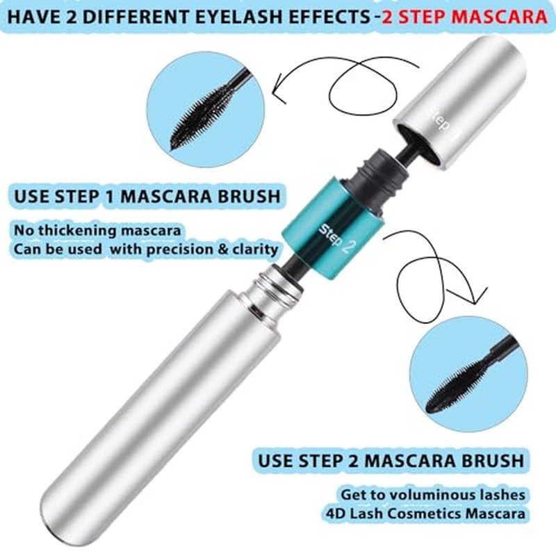 2 Pack 2 in 1 QIC 5x Longer Washable Black Mascara, 4D Silk Fiber Lash 2 Step, No Clumping, Long-lasting Waterproof Lash Cosmetics Beauty Eye Makeup