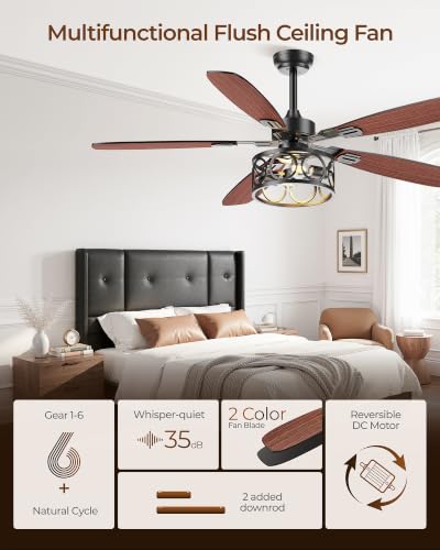 52 Inch Ceiling Fan with Lights and Remote - Dual Finish Blades, Quiet Reversible Motor, Flush Mount for Living Room, Kitchen & Porch