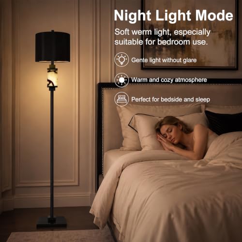 Black 62-Inch Modern Alabaster Floor Lamp with Night Light - Living Room Decor