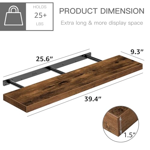QEEIG Long Floating Wall Shelves Set of 2 - 39.4 Inch Brown MDF Shelves