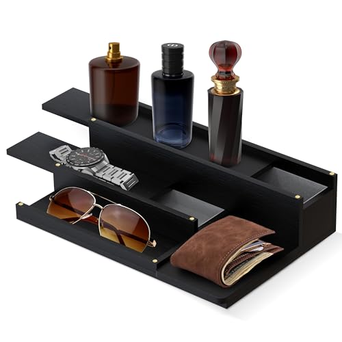 3-Tier Wooden Cologne Organizer with Hidden Drawers - Perfume & Accessory Display Shelf for Men